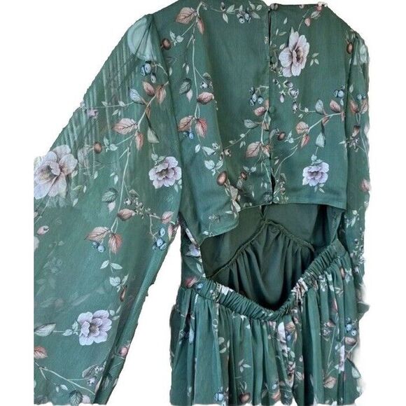 Lulu's endless charisma Green Floral pleated open back chiffon Mini Dress Medium - Picture 8 of 12